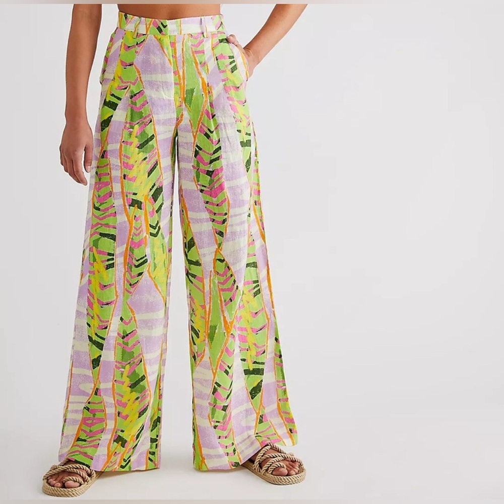 Colin Locascio Free People Women's Size S Linen Jessy Abstract Trousers Pants